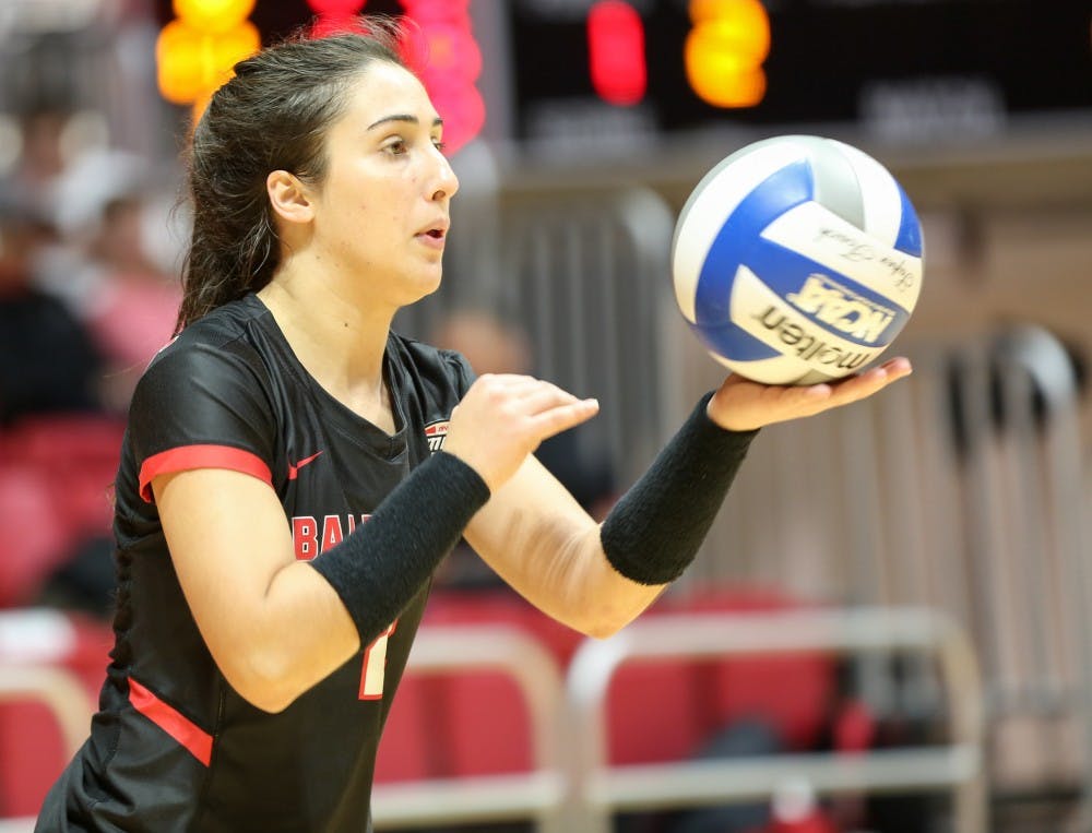 Sophomore defensive specialist Kate Avila concentrates on setting the ball against Toledo at John E. Worthen Arena on Nov. 2. Avila contributed 26 of the 91 digs for the team. Elliott DeRose, DN File