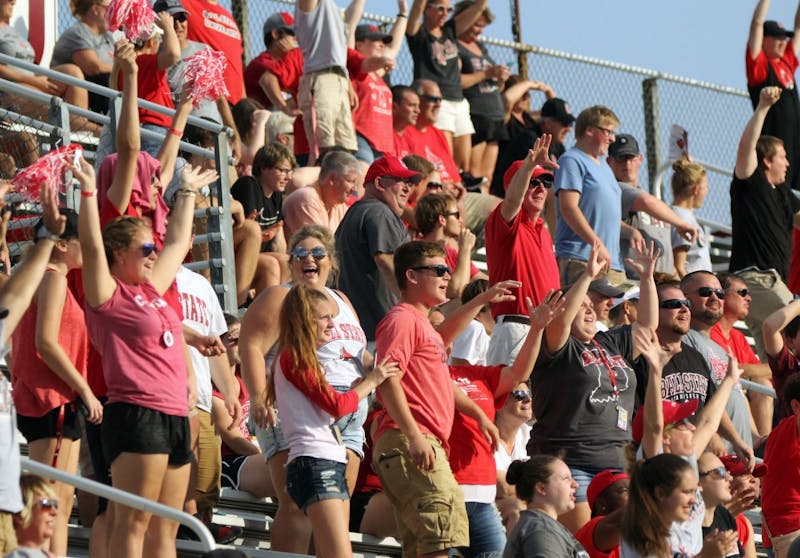 Ball State fans yell for T-shirts in the fourth quarter during the Cardinals’ game against Tennessee Tech on Sept. 16 at Scheumann Stadium. Ball State won 28-13 on family weekend. Paige Grider, DN