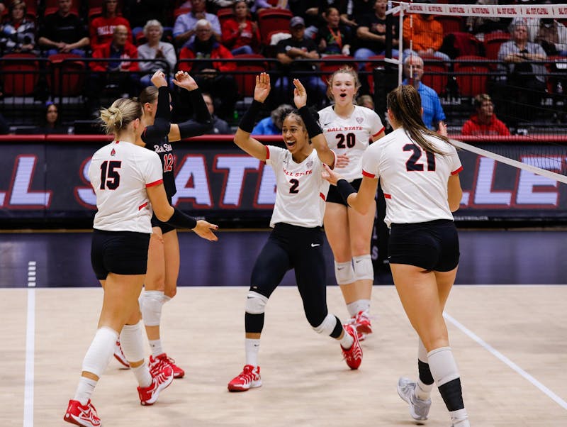 Ball State womens volleyball celebrates a point against Eastern Michigan Nov. 1 at Worthen Arena. Ball State won the game 3-0. Andrew Berger, DN 