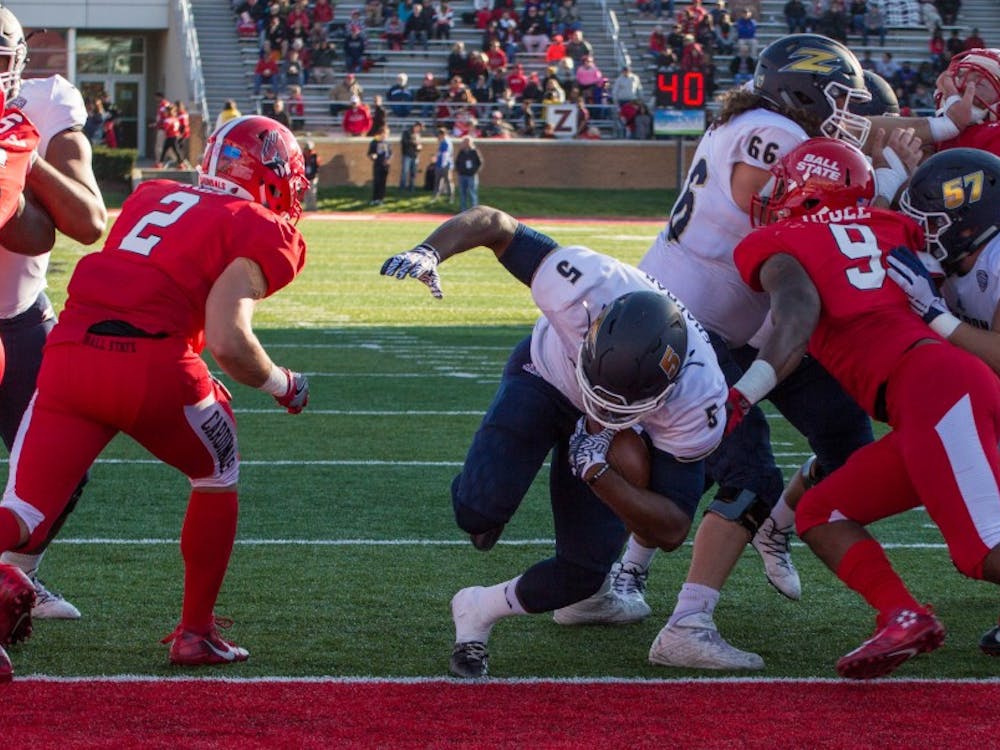 Akron's quarterback Tra'Von Chapman makes a touchdown during the game on Oct. 22 in Scheumann Stadium. Ball State lost 25 to 35. Grace Ramey // DN