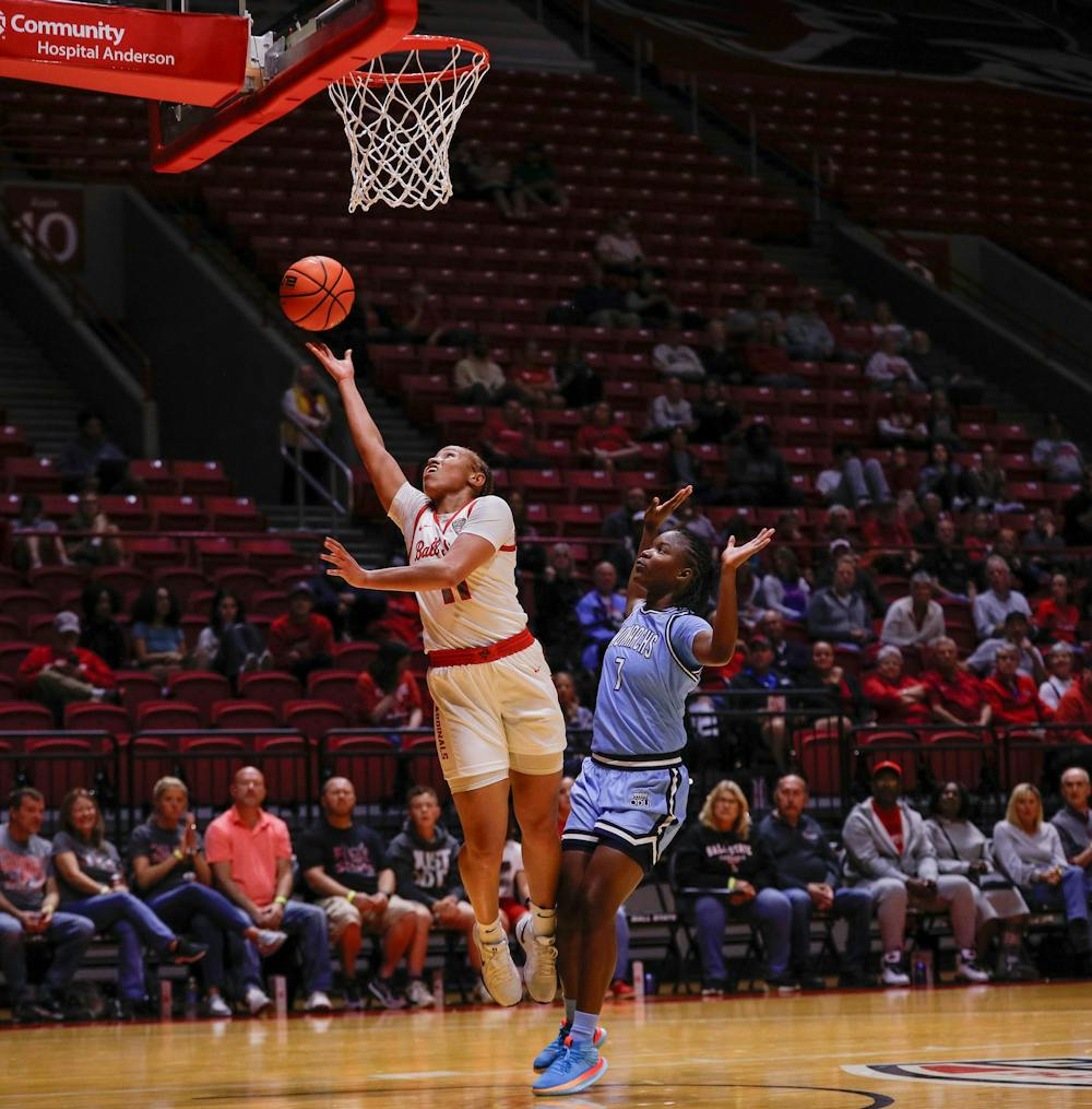 Senior Lachelle Austin makes a lay up against Old Dominion Nov. 4 at Worthen Arena. Austin had 11 total points against the Monarchs. Andrew Berger, DN 