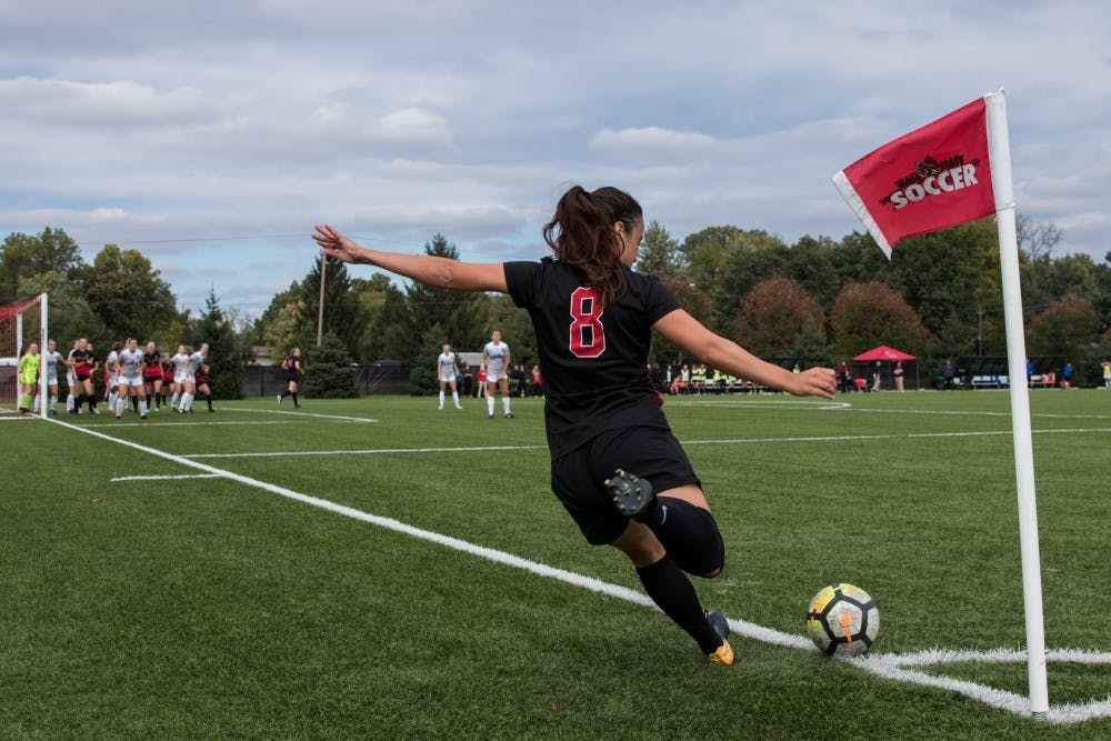Midfielder Paula Guerrero sends the ball to her Ball State teammates with a corner kick in their game against the University at Buffalo Oct. 14,2018, at Briner Sports Complex. The Cardinals defeated the Bulls 1-0 which put them 5-2-1 in the MAC. Eric Pritchett, DN