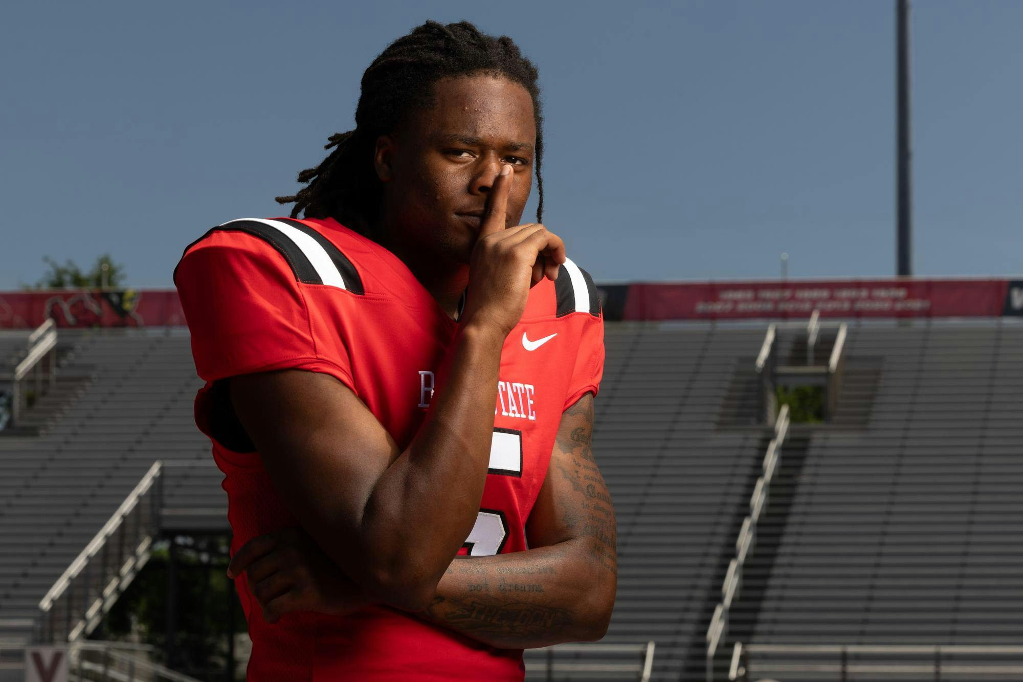 Ball State Football Senior Wide Receiver Qian Magwood poses for a photo on Ball State media day. Titus Slaughter, DN. 