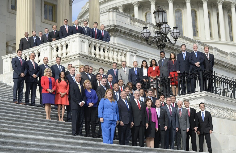 Incoming Republican and Democratic members of Congress pose for a group photograph on the steps of the House of Representatives Nov. 15, 2016 in Washington, D.C. (Olivier Douliery/Abaca Press/TNS) 