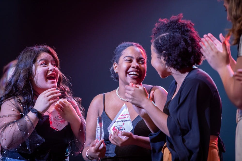 2019 Homecoming Talent Search winner Eliah Johnson reacts on receiving her award Oct. 15, 2019 at Emens Auditorium. &nbsp;Johnson sang "Colorblind" by Amber Riley. Jacob Musselman, DN