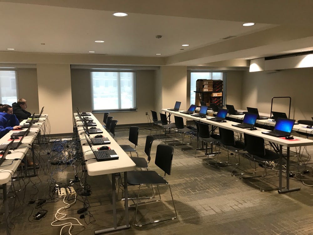 <p>Students work at the newly created final exam testing lab in Botsford/Swinford Residence Hall. This is the first time Ball State has created a testing lab in student housing. &nbsp;<strong>Konnor Miller, Photo Provided&nbsp;</strong></p>