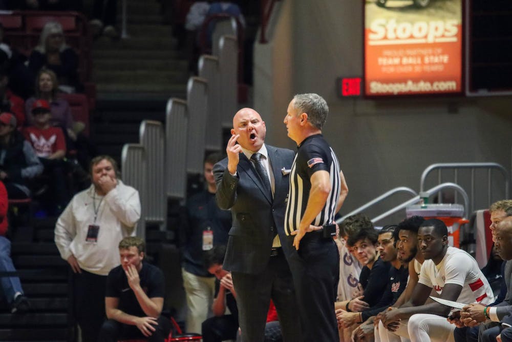 Ball State head coach Michael Lewis speaks to a referee Jan. 20 against Miami at Worthen Arena. Ball State lost 80-87 to Miami. Isaiah Wallace, DN.