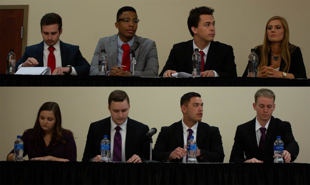 Candidates from the Empower and Elevate slates remain seated during the final All-Slate Debate of the 2019 Student Government Association (SGA) Election March 11, 2019 in the L.A. Pittenger Student Center ballroom. The final round of voting will take place March 18-19, 2019. Scott Fleener, DN
