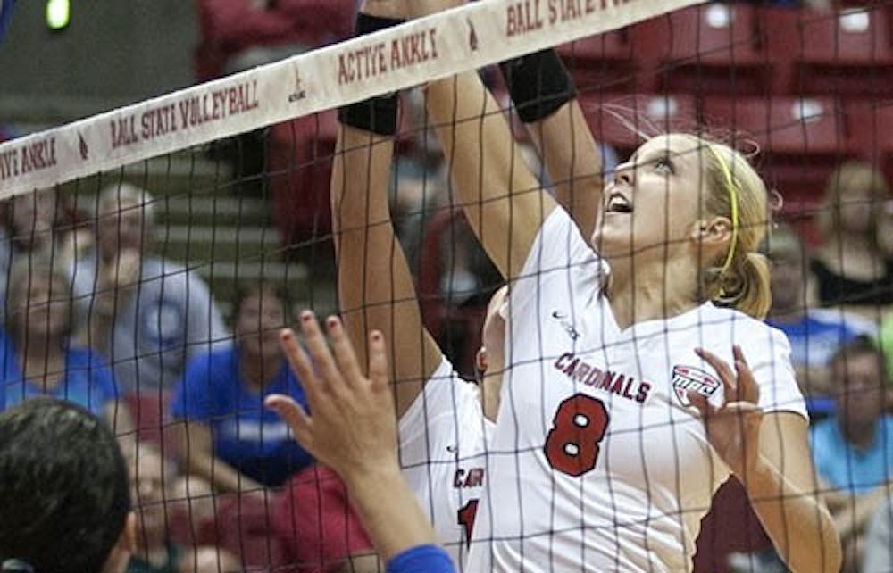 Senior middle blocker Mindy Marx plays during the fifth set against IPFW during the game Sept. 4. Ball State is now on a nine-game winning streak after defeating UNC-Asheville, Southern Methodist University and the College of Charleston as part of the College of Charleston Tournament over the weekend. DN FILE PHOTO JORDAN HUFFER
