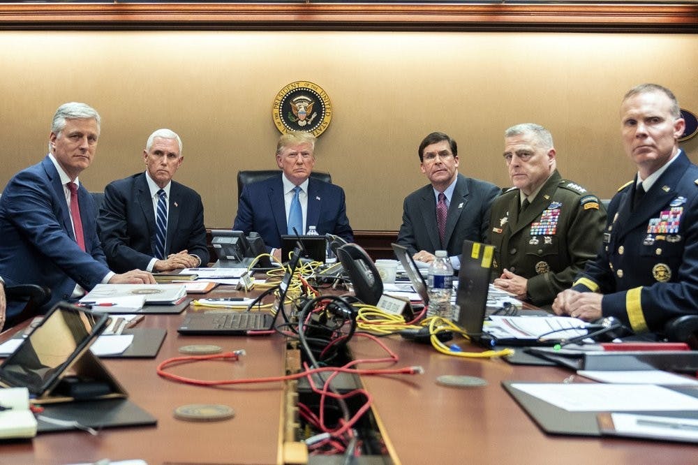 <p>In this photo provided by the White House, President Donald Trump is joined by from left, national security adviser Robert O'Brien, Vice President Mike Pence, Defense Secretary mark Esper, Joint Chiefs Chairman Gen. Mark Milley and Brig. Gen. Marcus Evans, Deputy Director for Special Operations on the Joint Staff, Saturday, Oct. 26, 2019, in the Situation Room of the White House in Washington. monitoring developments as in the U.S. Special Operations forces raid that took out Islamic State leader Abu Bakr al-Baghdadi.<strong> (Shealah Craighead/The White House via AP)</strong></p>