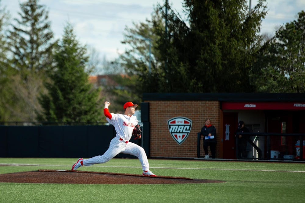 <p>Junior pitcher Nate Blain Pitches to Bowling Green March 15 at First Merchants Ball Park Complex. Blain pitched for the first six innings of the game. Isabella Kemper, DN</p>