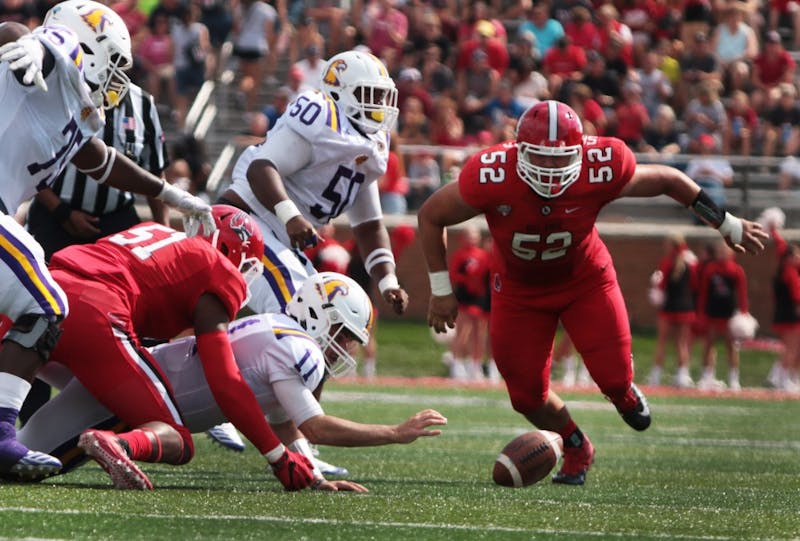 Quarter Back Andre Sale fumbles the ball against Ball State on Saturday, Sept. 16 at Schumann Stadium. Sale had a total of 239 passing yards, final score 28-13 Ball State wins. Grace Hollars, DN File