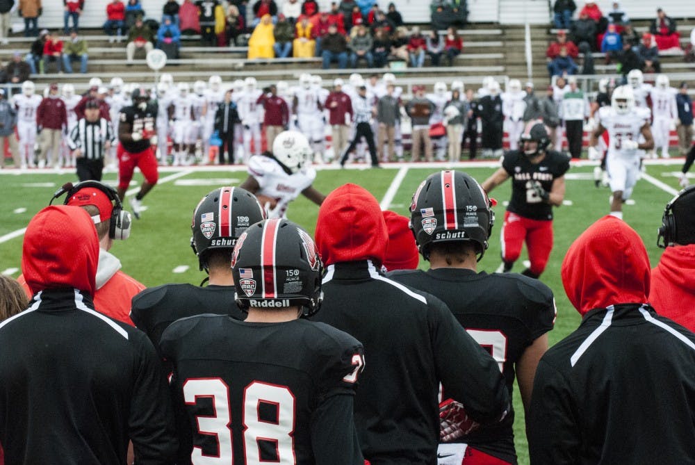 Ball State Cardinals watch a wait for halftime on Saturday Oct. 31 at the Ball State vs. University of Massachusetts game. The halftime score was 10-3 Ball State. DN PHOTO ALLISON COFFIN