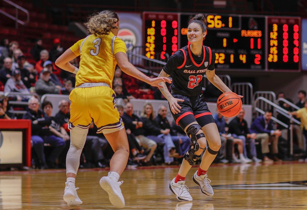 Senior Estel Puiggros looks to make a play against Kent State Jan. 31 at Worthen Arena. Ball State leads 31-19 at half. Andrew Berger, DN 