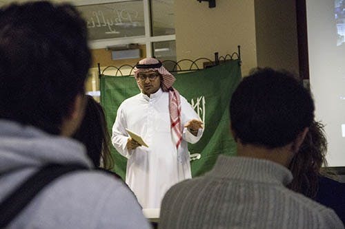 Graduate student Fahad Aseery talks to students Wednesday afternoon about Saudi Arabia in the Rinker Center for International Programs. Aseery presented on Saudi Arabia about different perspectives of the culture. DN PHOTO EMMA FLYNN