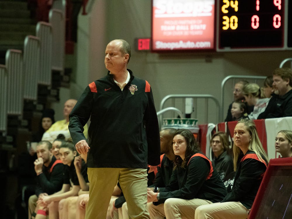 Head Coach Brady Sallee angry at one of the officials calls in a game against Kent State Feb. 4 at Worthen Arena. The Cardinals shot 51 percent from the field goal range. Brayden Goins, DN