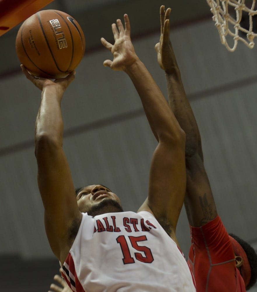 Ball State freshman Franko House finishes a put back against Southeast Missouri on Nov. 18 at Worthen Arena. DN PHOTO MARCEY BURTON 