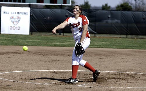 Starting pitcher, Nicole Steinbach pitches against her Northern Illinois opponent in the first of two games, Friday. Nicole was awarded the MAC West Division Pitcher of the Week for the third time, April 1st. Ball State won the first of two games against Northern Illinois, Friday. DN PHOTO RJ RICKER