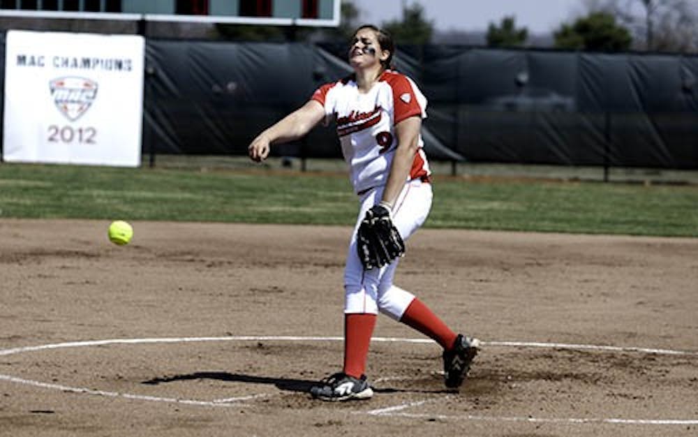Starting pitcher, Nicole Steinbach pitches against her Northern Illinois opponent in the first of two games, Friday. Nicole was awarded the MAC West Division Pitcher of the Week for the third time, April 1st. Ball State won the first of two games against Northern Illinois, Friday. DN PHOTO RJ RICKER