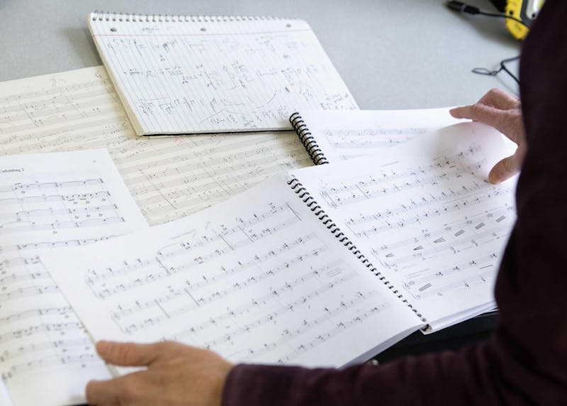 Professor of Music Composition Amelia Kaplan’s scores sit in her office, Feb. 19, 2025, in Muncie, Ind. Josie Santiago, Ball Bearings