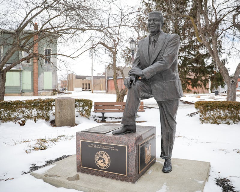 A statue of Hurley C. Goodall Jr. photographed at Firemens Park Feb. 19 in Muncie, Ind. Goodall also served in the Indiana House of Representatives as a member of the Democratic Party from 1978 to 1992. Andrew Berger, DN 
