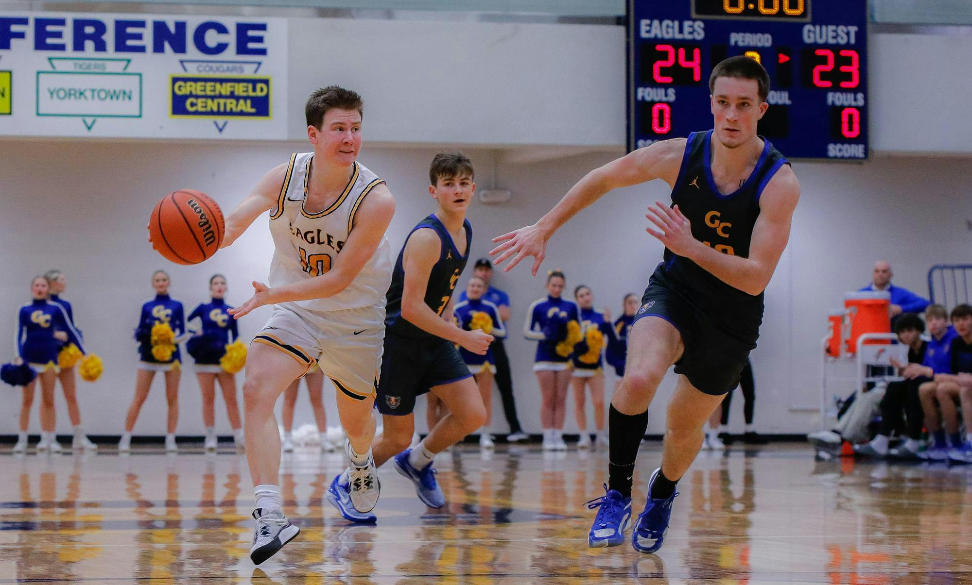 Guard Jonny Manor drives up-court against Greenfield Central Feb. 1 at Delta High School. Manor had three points for Delta. Andrew Berger, DN 