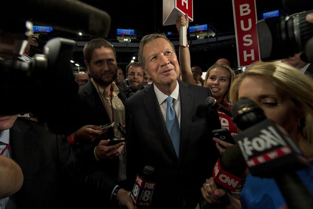 Ohio Governor John Kasich speaks with the media in the spin room after the Republican presidential debate at the Quicken Loans Arena on Aug. 6, 2015 in Cleveland, Ohio. (Brian Cahn/Zuma Press/TNS) 