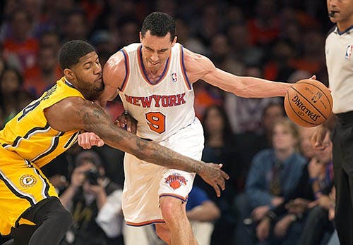 New York Knicks' Pablo Prigioni guards the ball from the Indiana Pacers' Paul George during the first quarter in the NBA's Eastern Conference playoffs at Madison Square Garden in New York on May 5. The Pacers won the series with the win in Indianapolis on Saturday. MCT PHOTO