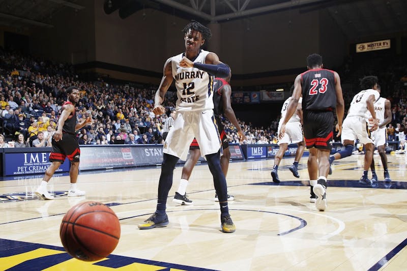 Ja Morant (12) of the Murray State Racers reacts after tipping in a shot in the second half against the SIU-Edwardsville Cougars at CFSB Center on February 9, 2019 in Murray, Ky. Murray State won 86-55. (Joe Robbins/Getty Images/TNS)