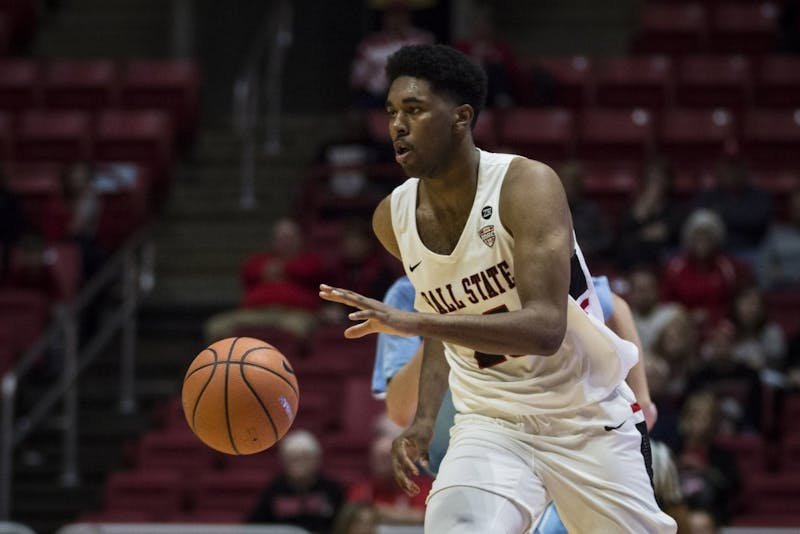 Sophomore forward, Tahjai Teague makes his way down the court after stealing the ball from Oakland City Mighty Oaks Nov. 28 at John E. Worthen Arena. Teague, the teams leading scorer for the night had 16 points to help Ball State defeat the Oaks, 57-81. Grace Hollars, DN
