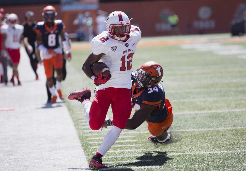 <p>Ball State wide receiver Justin Hall runs down the sideline after a catch against the University of Illinois on Sept. 2, 2017. The true freshman finished the game with two receptions and 36 receiving yards. <strong>Robby General, DN</strong></p>