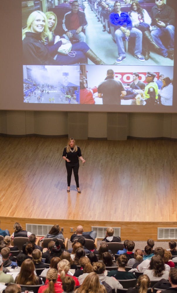 Heather Abbott spoke at Pruis Hall on Oct. 2 as part of the Excellence in Leadership speaker series. Abbott is one of the 17 Boston Marathon Bombing survivors who became amputees.&nbsp;DN PHOTO BREANNA DAUGHERTY