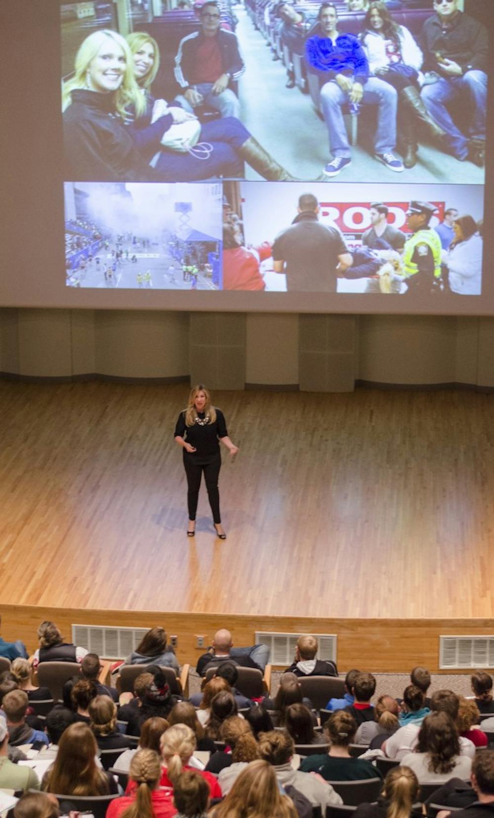 <p>Heather Abbott spoke at Pruis Hall on Oct. 2 as part of the Excellence in Leadership speaker series. Abbott is one of the 17 Boston Marathon Bombing survivors who became amputees.&nbsp;<i style="background-color: initial;">DN PHOTO BREANNA DAUGHERTY</i></p>