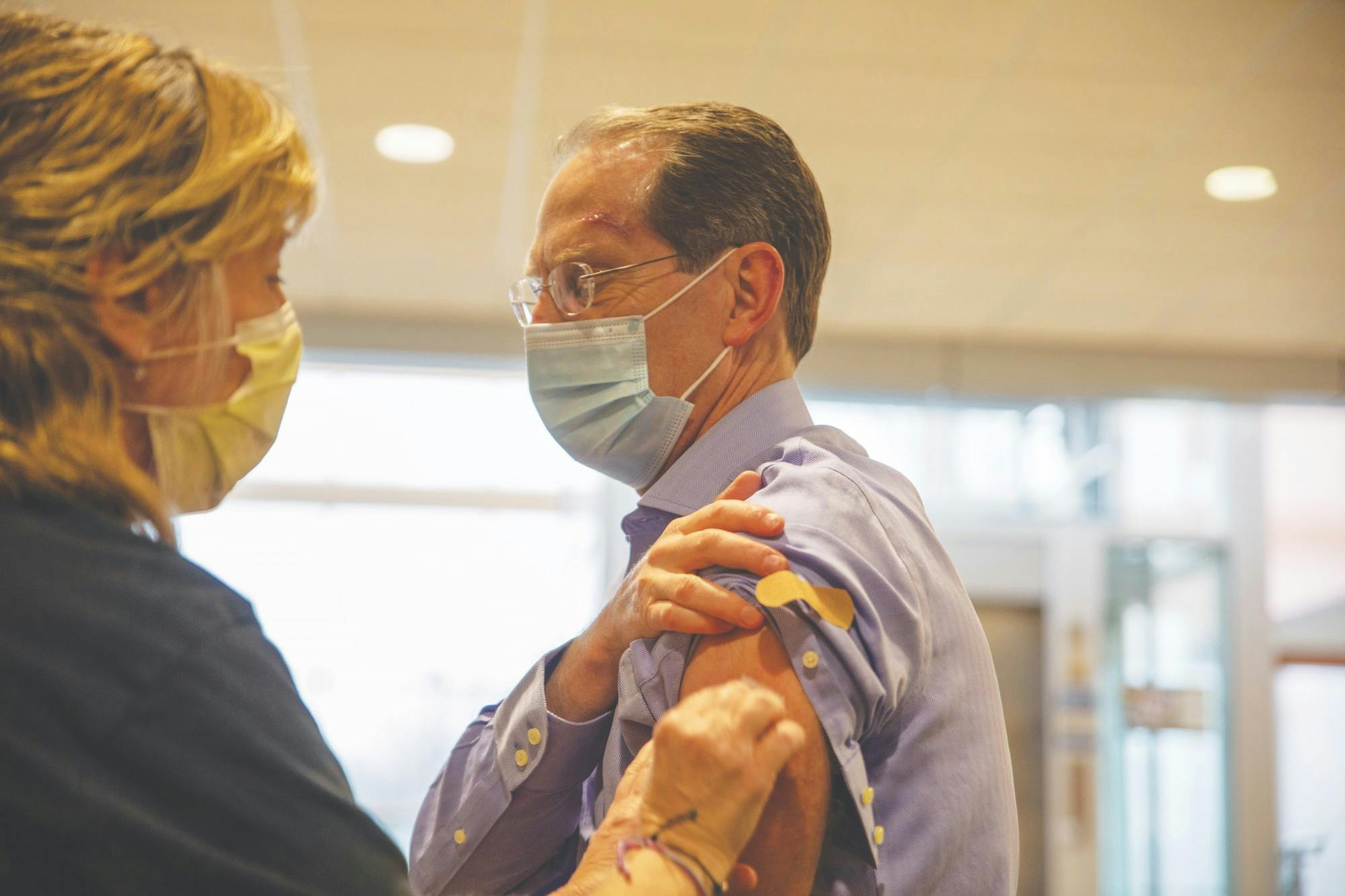 Ball State President Geoffrey Mearns gets his first dose of the Pfizer-BioNTech vaccine March 11, 2021, at IU Ball Memorial Hospital. In an April 1 email, Mearns encouraged members of the student body to receive vaccines now that they are eligible. Jaden Whiteman, DN File