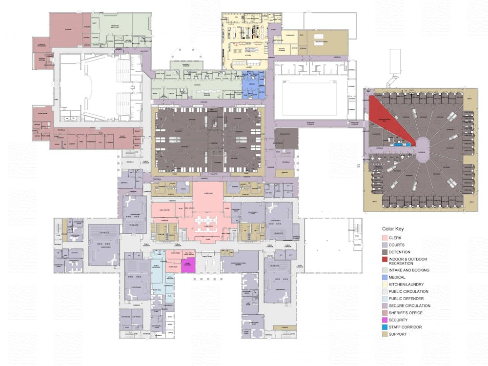 This image shows the overall plan for the first floor of the new Delaware County Justice Center. Delaware County will spend $45 million to renovate the former Wilson Middle School building into a new Justice Center. BW Construction, Design Provided