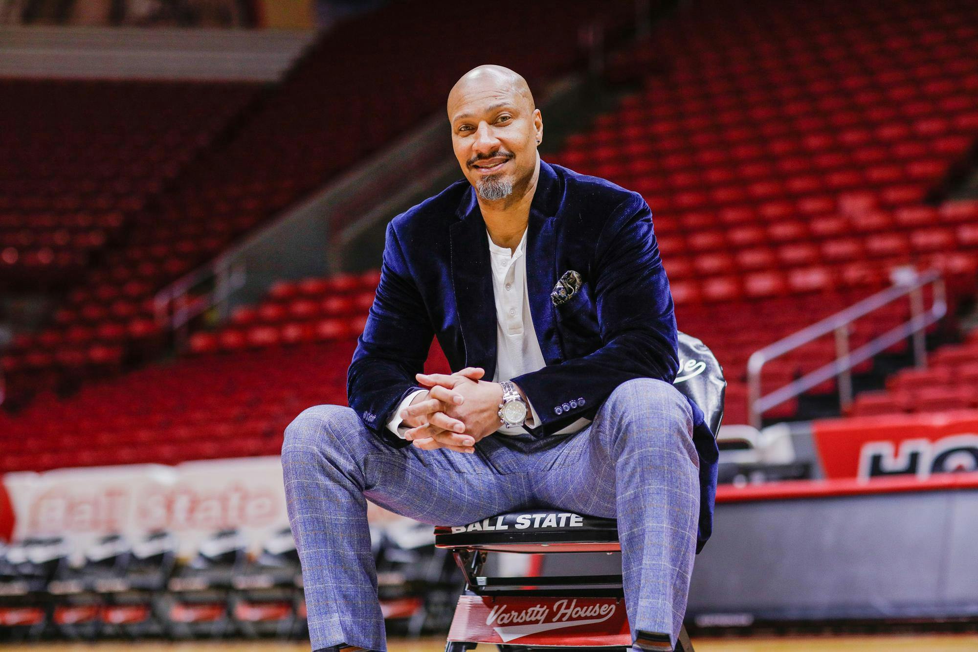 Paris McCurdy smiles for a photo Feb. 7 at Worthen Arena. McCurdy played four seasons of college basketball, his last two being at Ball State. Andrew Berger, DN 
