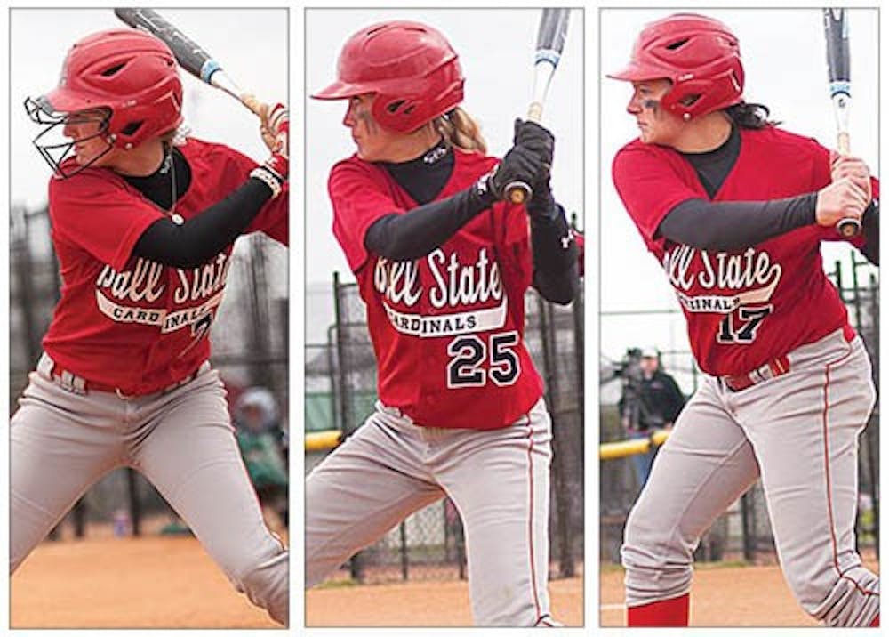 Softball players Hanne Stuedemann, Jennifer Gilbert and Taylor Rager go up to bat in a home game against Central Michigan on April 22, 2012. The three girls’ power hitting helps to make up the core of the Cardinals’ offense, with Gilbert holding the school’s record for home runs. DN FILE PHOTOS JONATHAN MIKSANEK