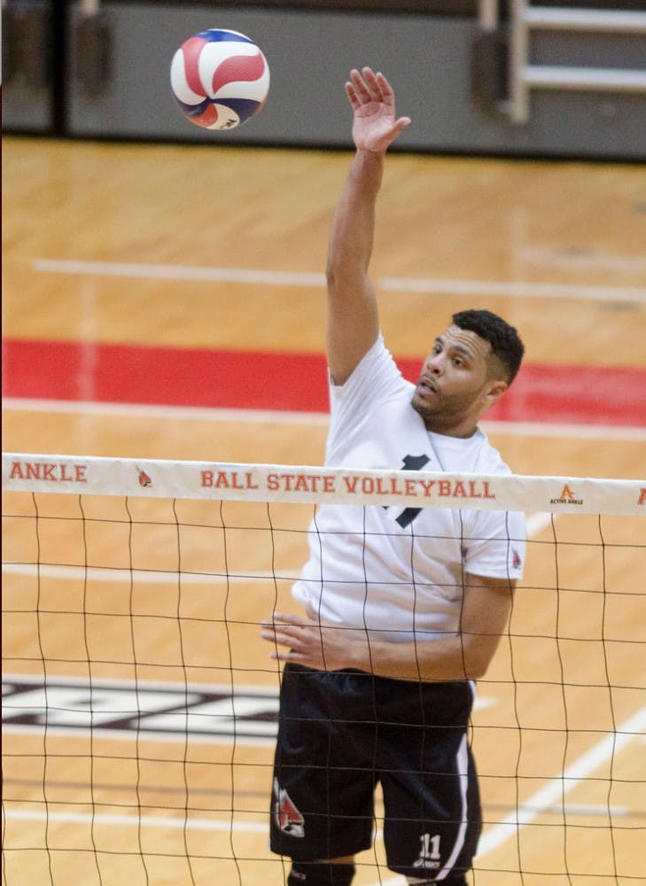 	Senior outside attacker Larry Wrather sends the ball over the net. Wrather was tied for the team lead in kills against Lindenwood. DN PHOTO BREANNA DAUGHERTY
