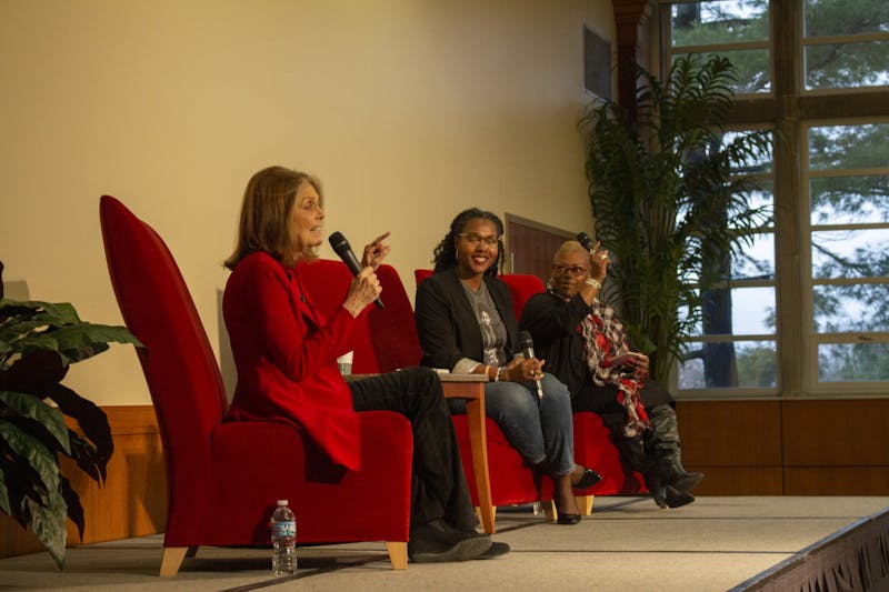 WaTasha Barnes Griffin and Mia Johnson laugh along with the audience as Gloria Steinem answers questions about feminism, politics and intersectionality Dec. 2, 2019, in the L.A. Pittenger Student Center Ballroom. Steinem said she picked quotes for her new book “The Truth Will Set You Free, But First It Will PIss You Off!” based off the ones she found herself repeating. Demi Lawrence, DN