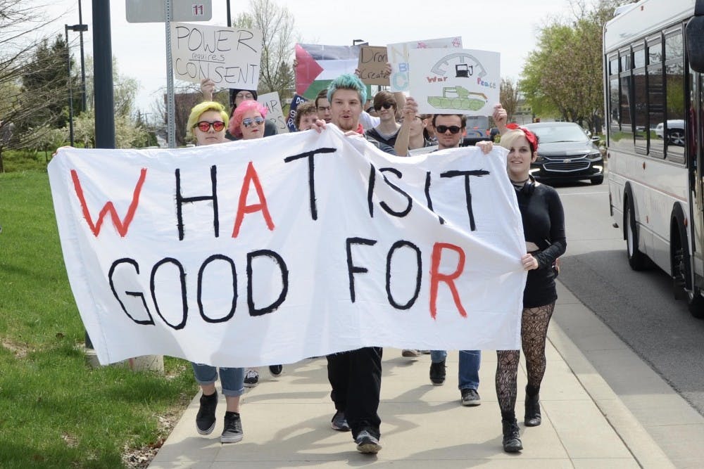 The Progressive Student Alliance, Feminists for Action and Ethnic Theatre Alliance hosted a march April 17 to protest against recent military actions taken by the U.S. against Syria.&nbsp;The 25 students who participated in the march made it clear they are against any type of war or violence.&nbsp;Andrew Smith // DN
