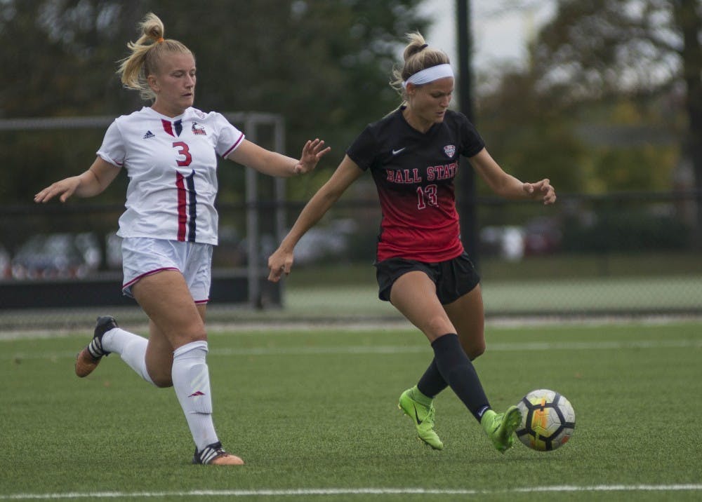 <p>Junior forward Evie Stepaniak attempts to move the ball down the field in the game against Northern Illinois on Oct. 8 at the Briner Sports Complex. The Cardinals next home game is Oct. 13 against Eastern Michigan. Breanna Daugherty, DN</p>