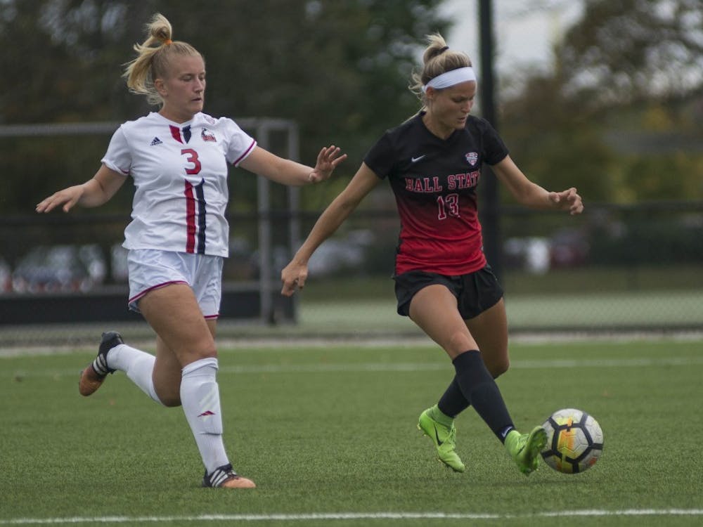 Junior forward Evie Stepaniak attempts to move the ball down the field in the game against Northern Illinois on Oct. 8 at the Briner Sports Complex. The Cardinals next home game is Oct. 13 against Eastern Michigan. Breanna Daugherty, DN