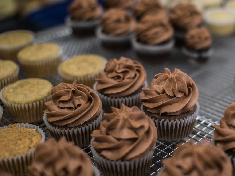 Amanda Reninger, owner of Sea Salt and Cinnamon, ices cupcakes on Feb. 23. Reninger bakes gluten free and vegan cupcakes and cookies for individuals and local businesses around Muncie, including The Caffeinery and the Woodworth dining hall.  The bakery doesn't have it's own store front, so she uses the Forest Park Senior Center kitchen to create her specialty treats. Reagan Allen // DN