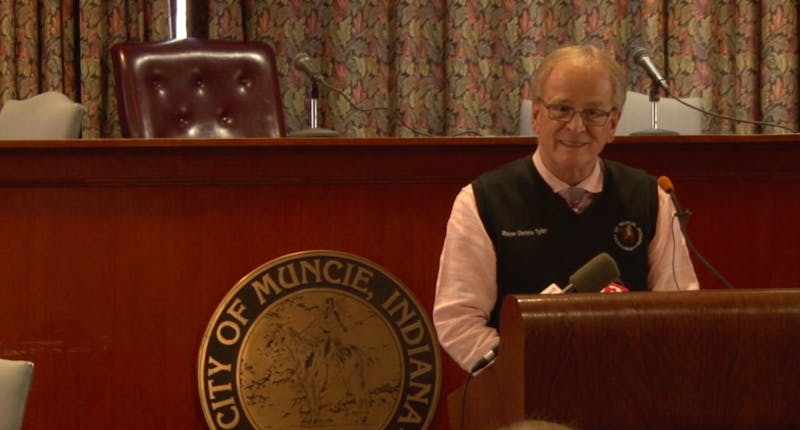 Muncie Mayor Dennis Tyler announcing he would not seek reelection at a press conference Jan. 11, 2019, in Muncie City Hall. Tyler has served as the city's 33rd mayor since 2012. Jeremy Masukevich, Photo Credit