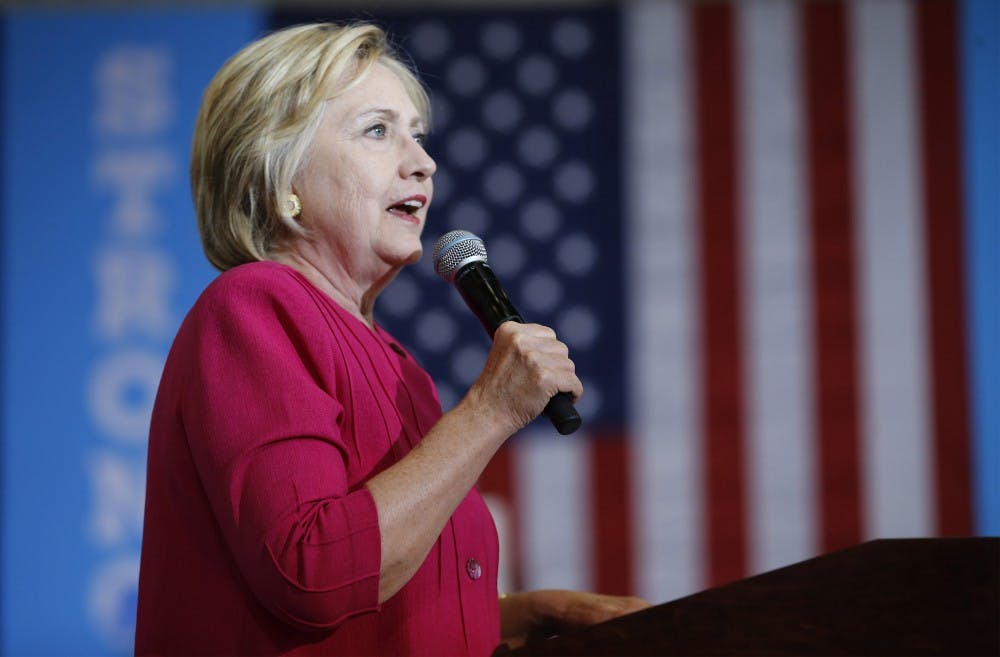 In this file image, Hillary Clinton speaks the crowd at West Philadelphia High School on Tuesday, Aug. 16, 2016 in Pennsylvania. On Thursday Clinton accused Trump of white nationalist ties during an address in Reno, Nev. (Michael Bryant/Philadelphia Inquirer/TNS)
