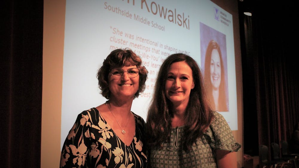 Kim Kowalski and Kira Zick are pictured after being named the Muncie Community Schools primary and secondary Teachers of the Year for 2021-22. Kowalski is a Master Teacher at Southside Middle School and Zick teaches grades 3 and 4 in the Dual Language Immersion program at West View Elementary. (Andy Klotz/MCS)