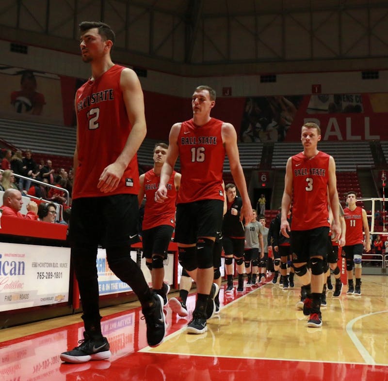 &nbsp;Ball State men’s volleyball team exits the court for a break after the first period during the game against Sacred Heart on Jan. 19. The Cardinals won 3-2. Carlee Ellison, DN