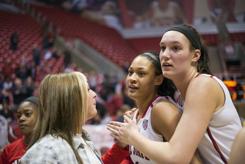 Senior guard Nathalie Fontaine and junior center Renee Bennett celebrate following the&nbsp;Ball State women's basketball victory over Northern Illinois on March 2 at Worthen Arena. DN PHOTO BREANNA DAUGHERTY