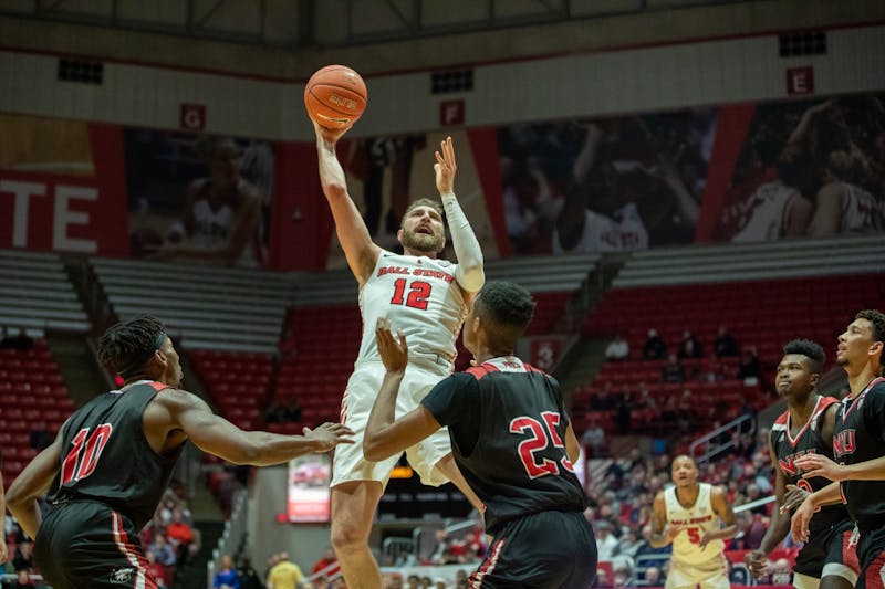 Redshirt junior Brachen Hazen goes up to the rim Feb. 11, 2020, at John E. Worthen Arena. Hazen scored seven points against the Huskies. Jacob Musselman, DN