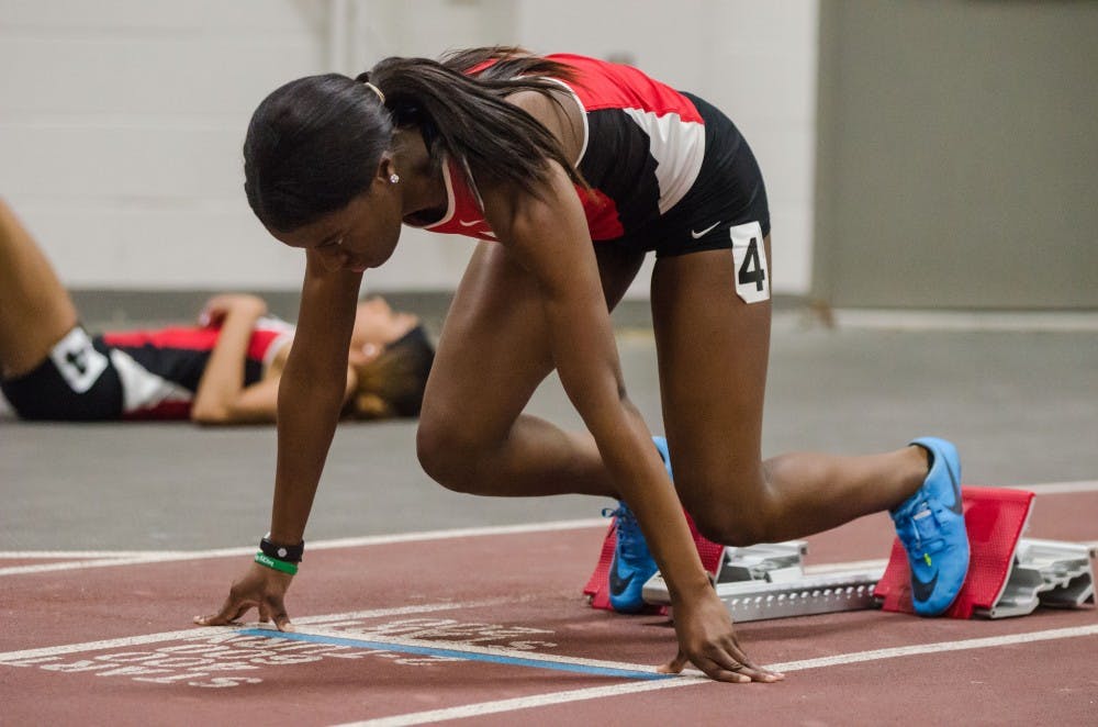 Ball State sophomore Amber Jones gets set for the 400 meter dash on Feb. 16 in the Ball State Tune-up at the Field Sports building. Madeline Grosh, DN